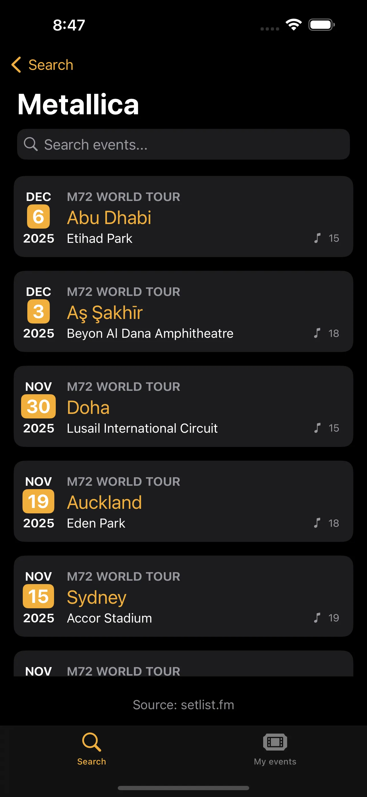 Livesick — Event list