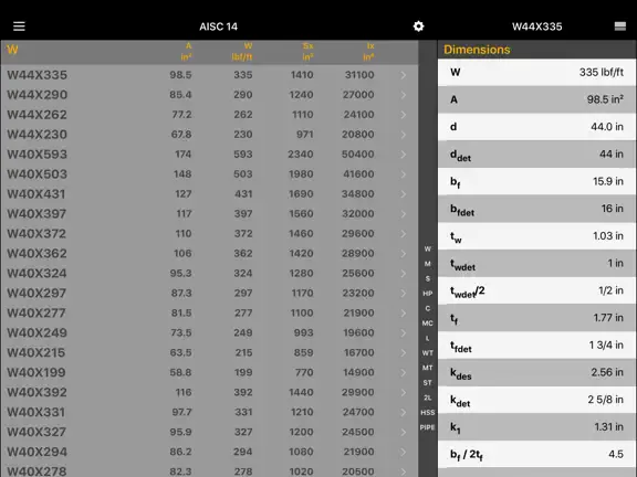 Steel Profiles AISC — iPad table view