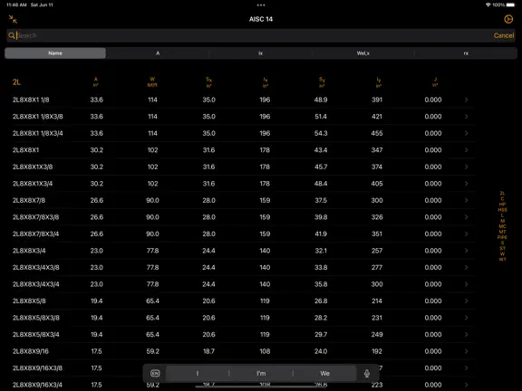 Steel Profiles Free — iPad table view