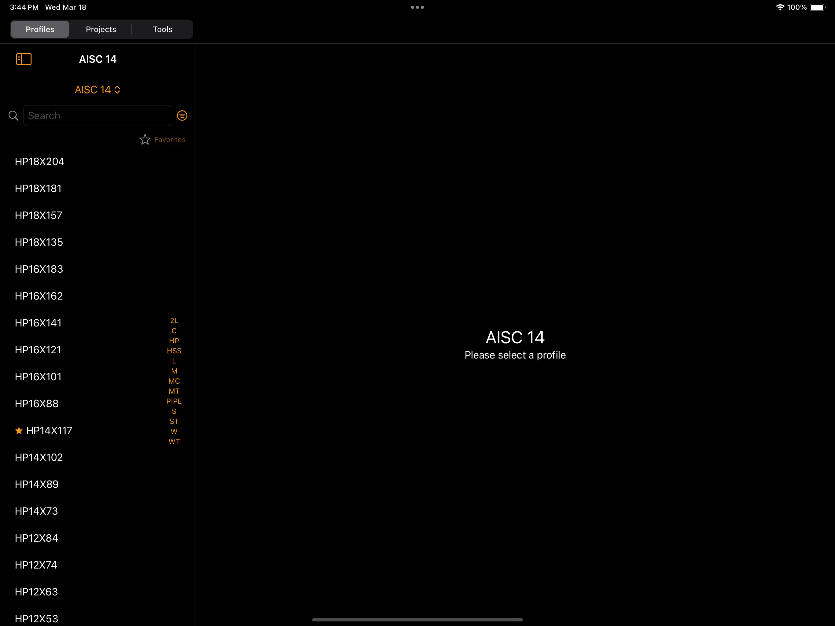 Steel Profiles — iPad profile list