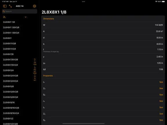 Steel Profiles Free — iPad all-in-one view