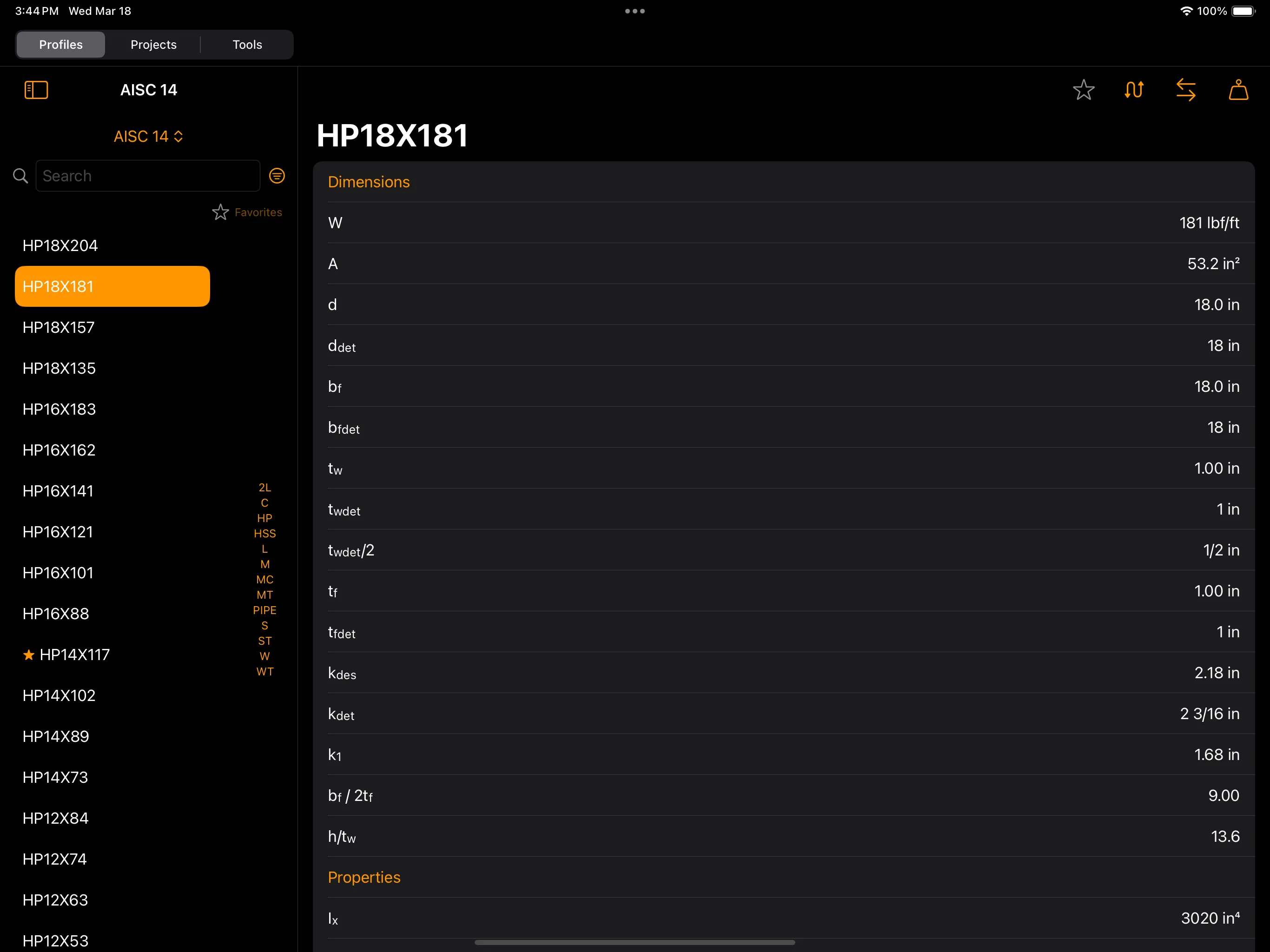 Steel Profiles — iPad profile detail