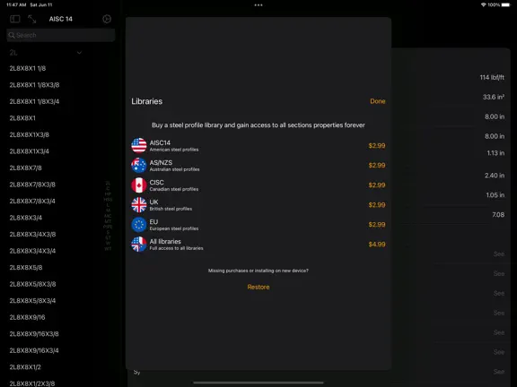 Steel Profiles Free — iPad detail view