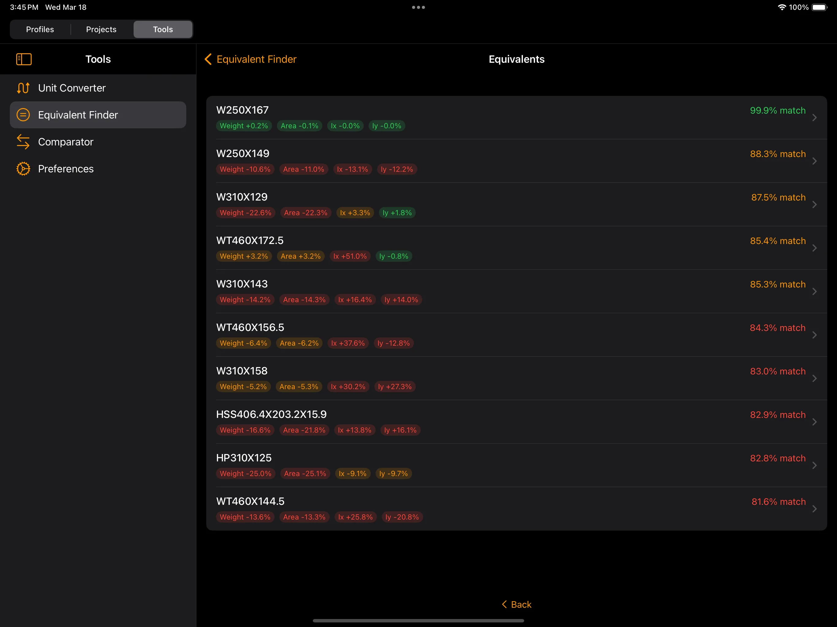 Steel Profiles — iPad equivalent finder