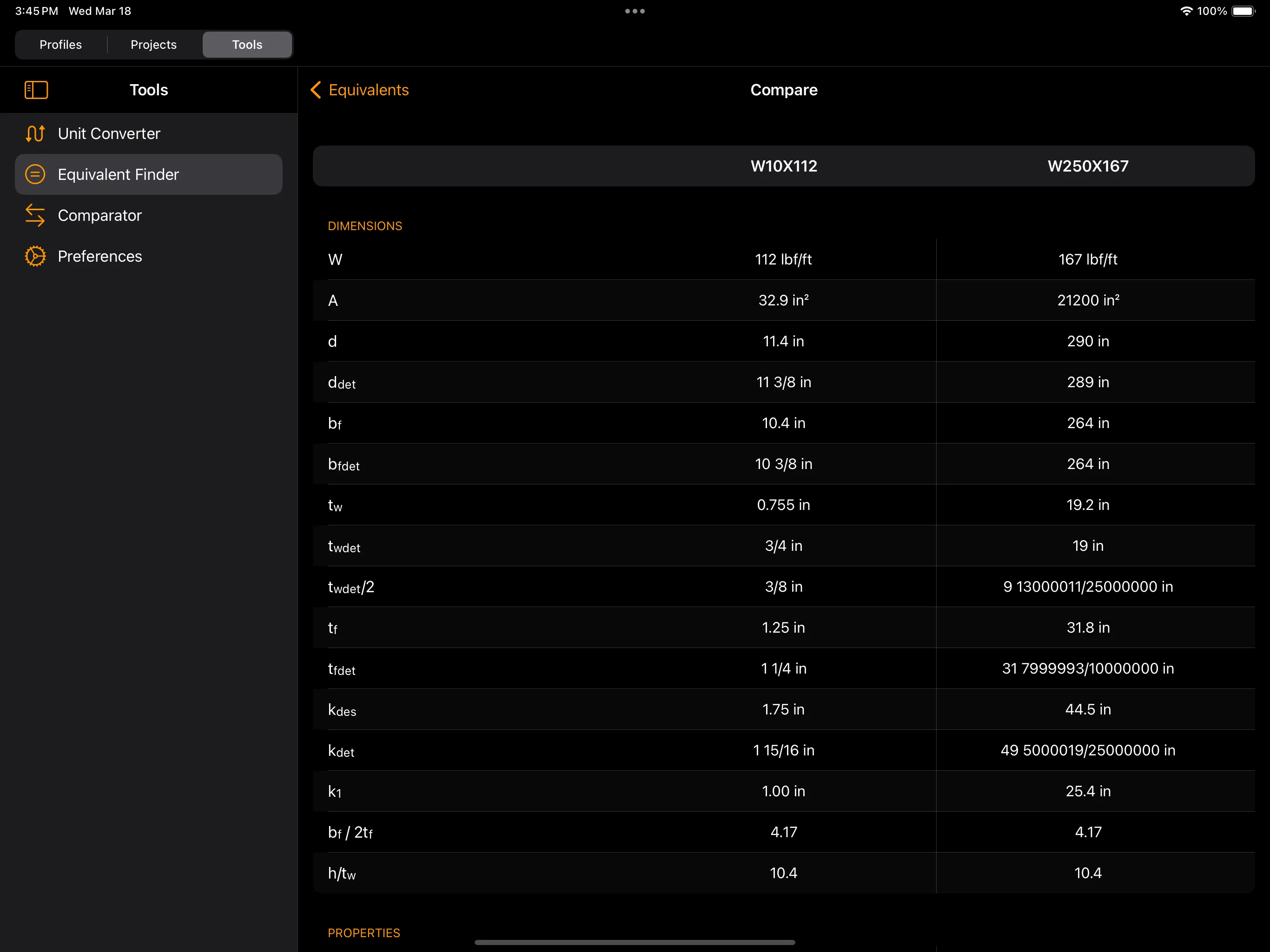 Steel Profiles — iPad profile comparison