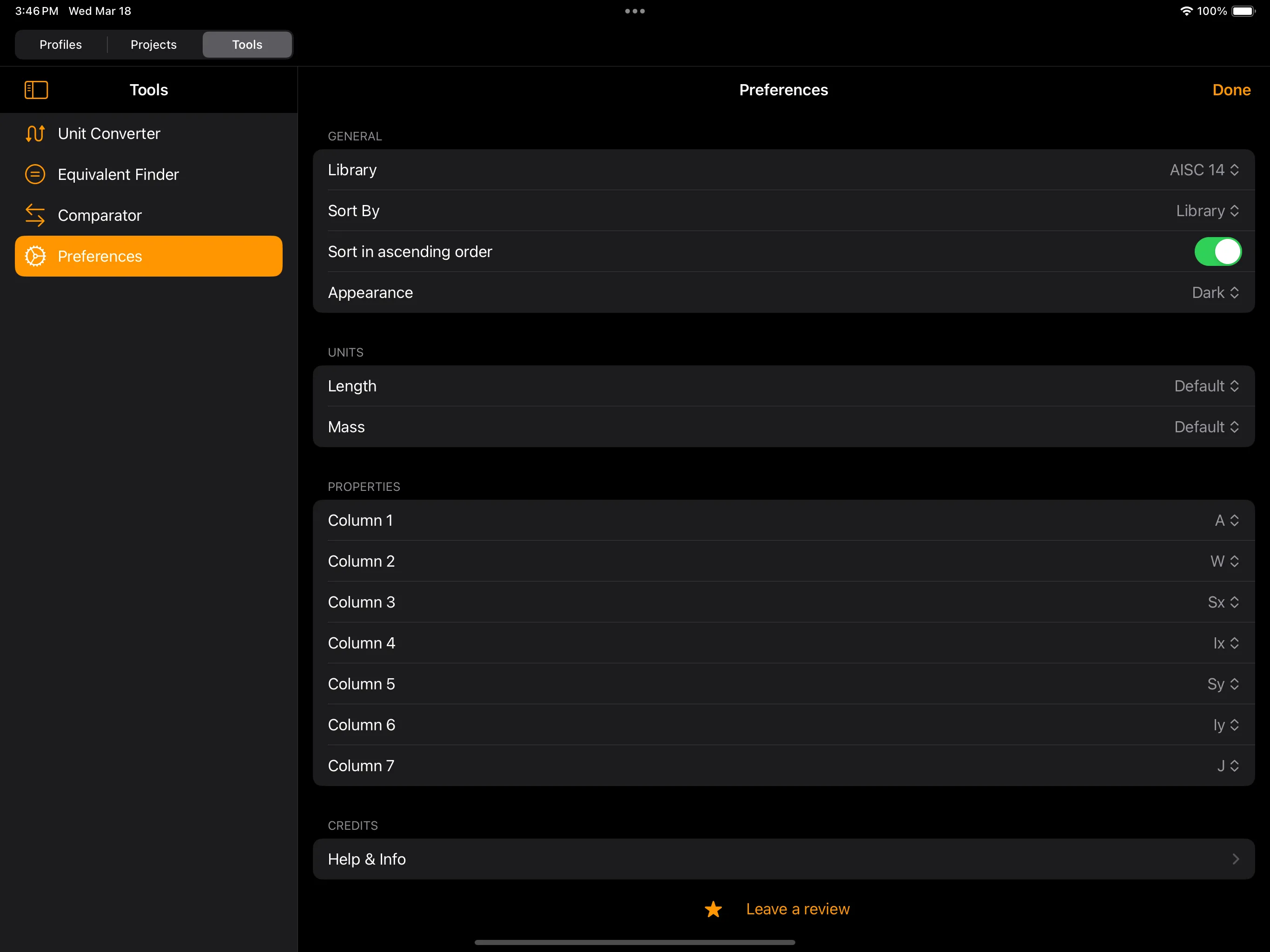 Steel Profiles — iPad settings