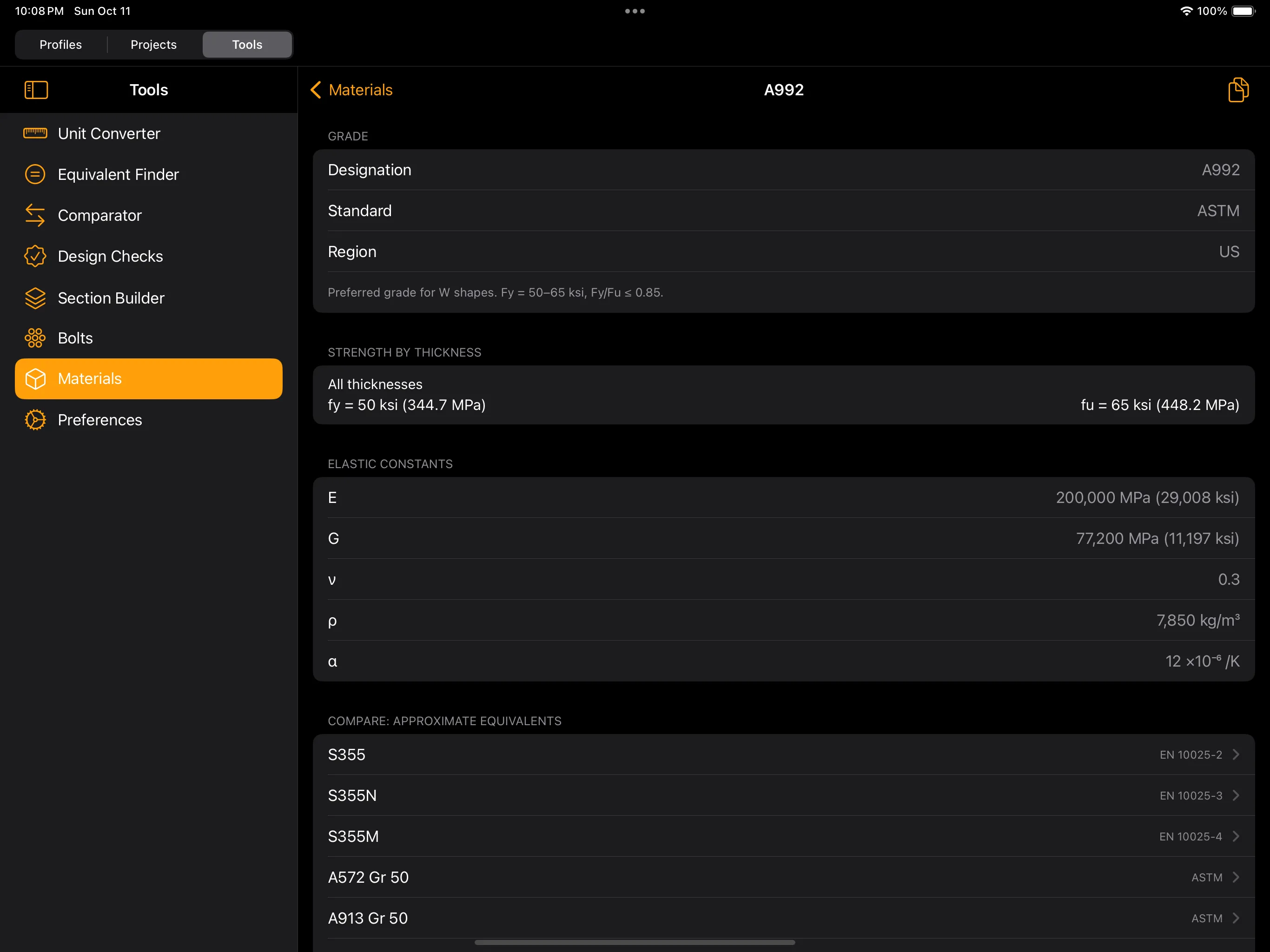 Steel Profiles Pro — iPad steel grades