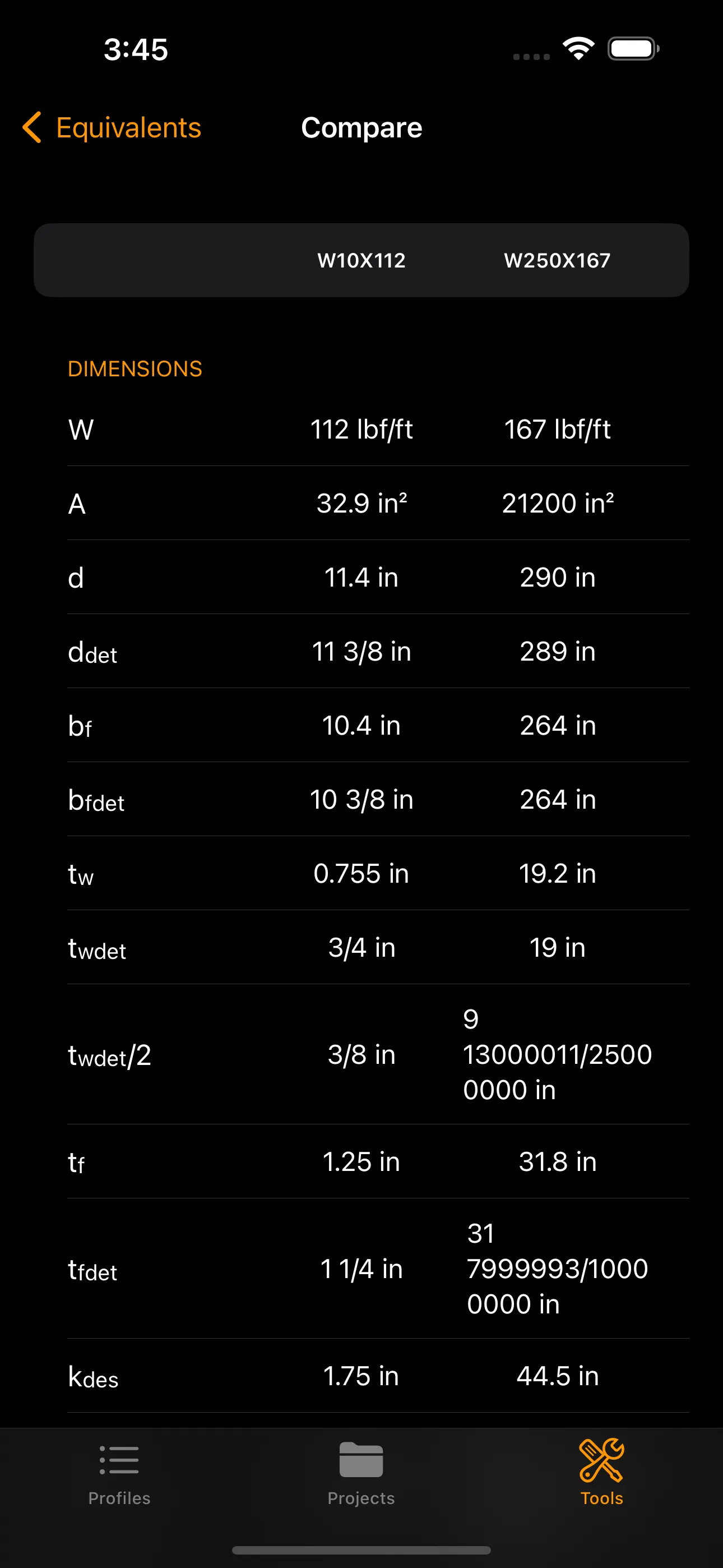 Steel Profiles — Profile comparison