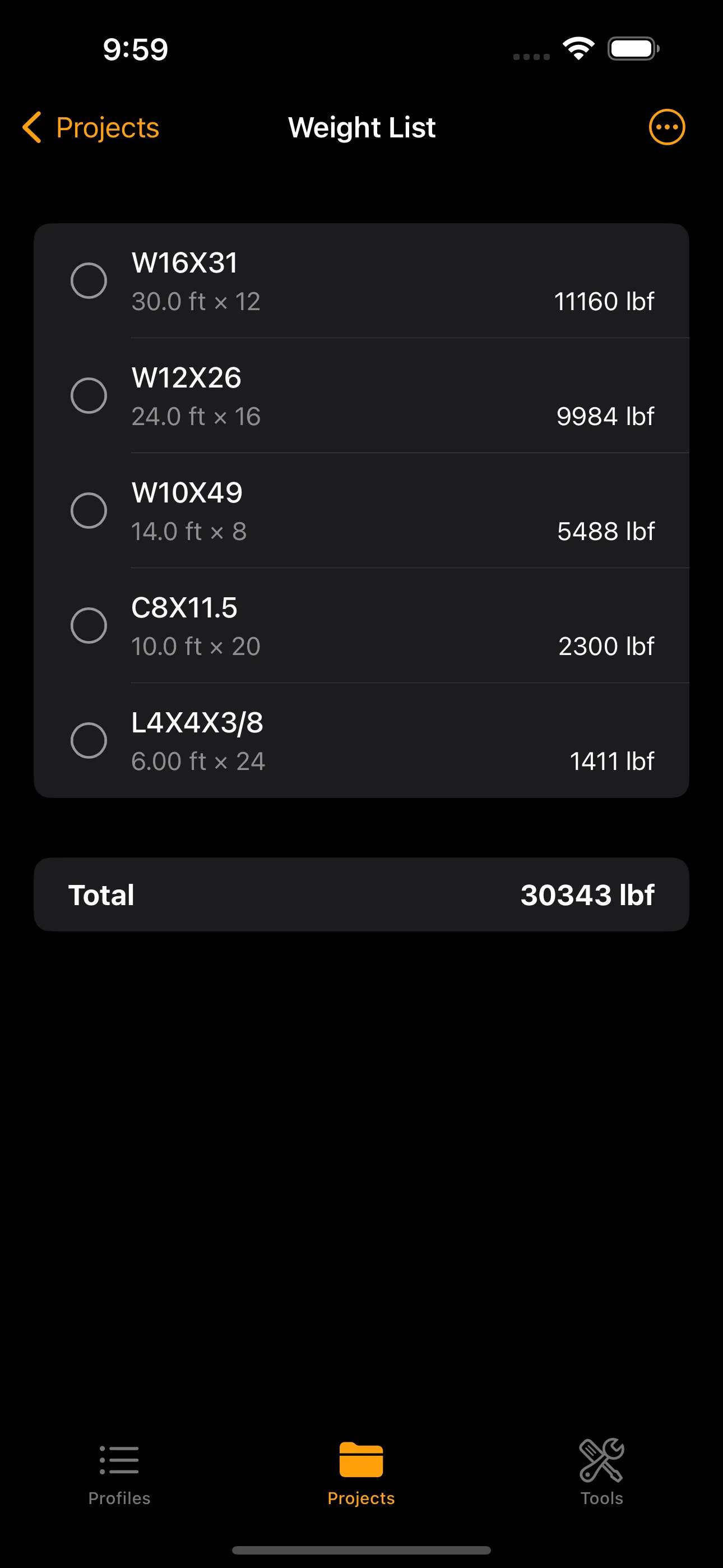Steel Profiles Pro — Weight list project