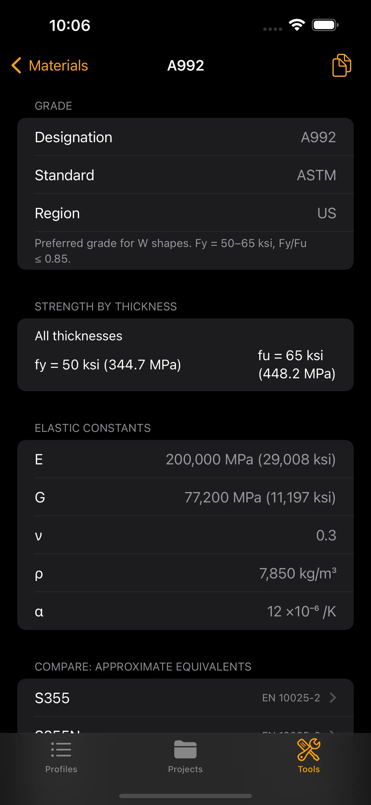 Steel Profiles Pro — Steel grade detail