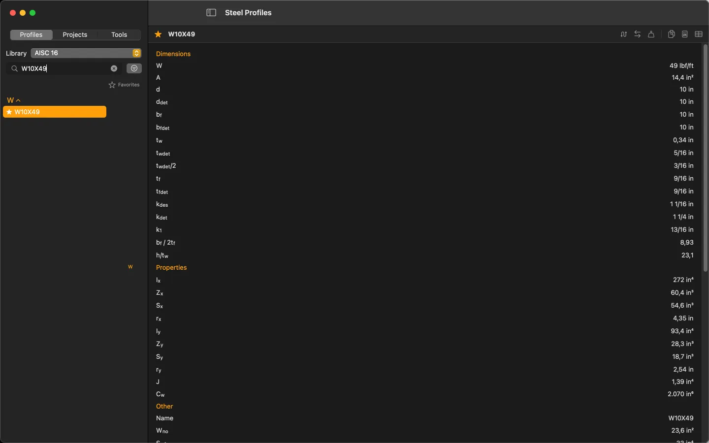 Steel Profiles for Mac — Profile detail