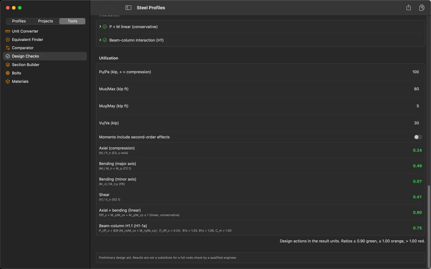 Steel Profiles for Mac — Design checks