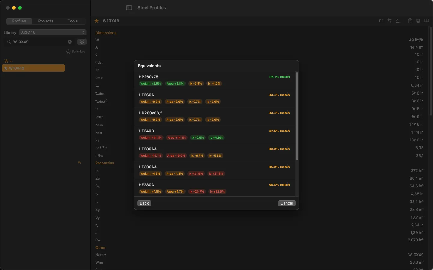 Steel Profiles for Mac — Equivalent Finder