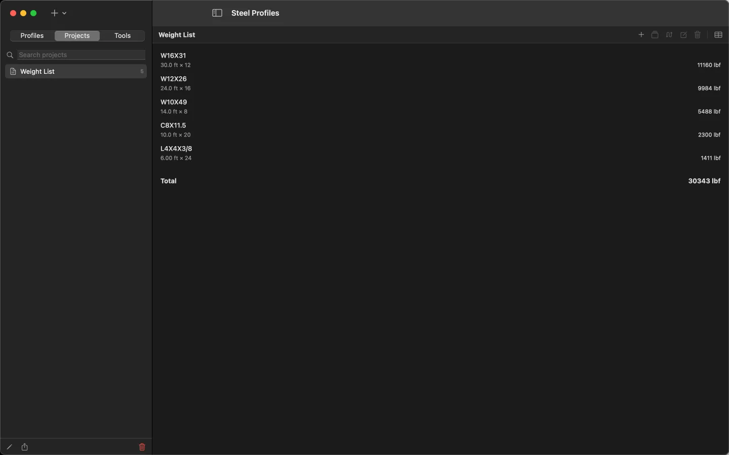 Steel Profiles for Mac — Weight list