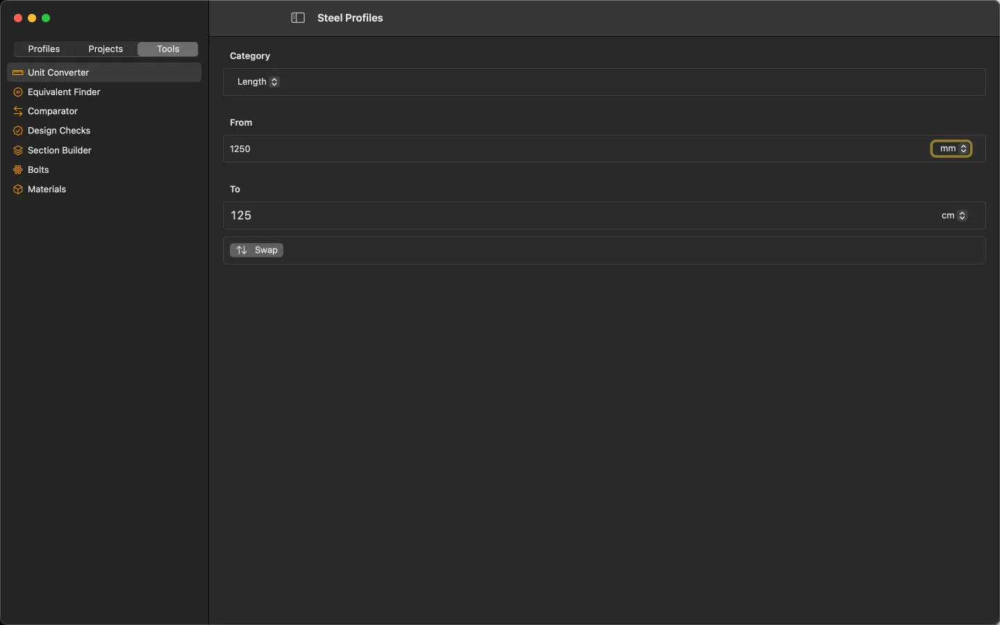 Steel Profiles for Mac — Unit converter