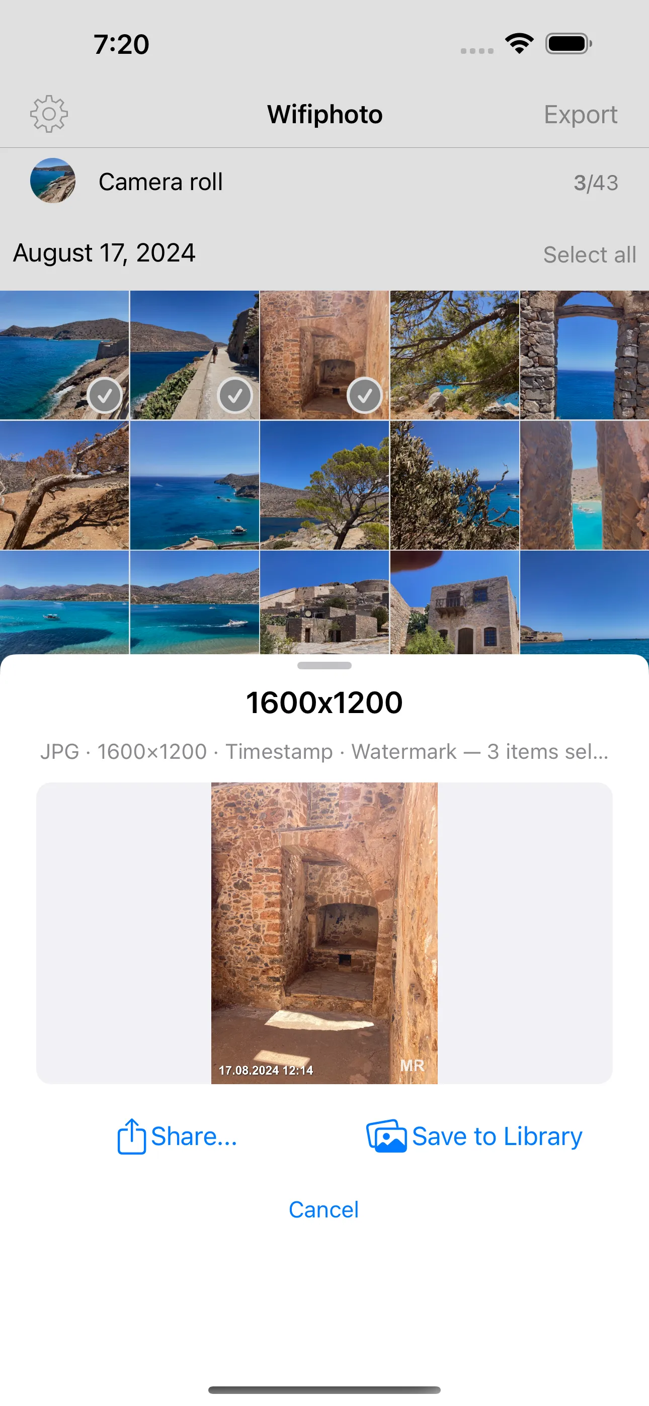 WiFiPhoto — Export preview with watermark and timestamp