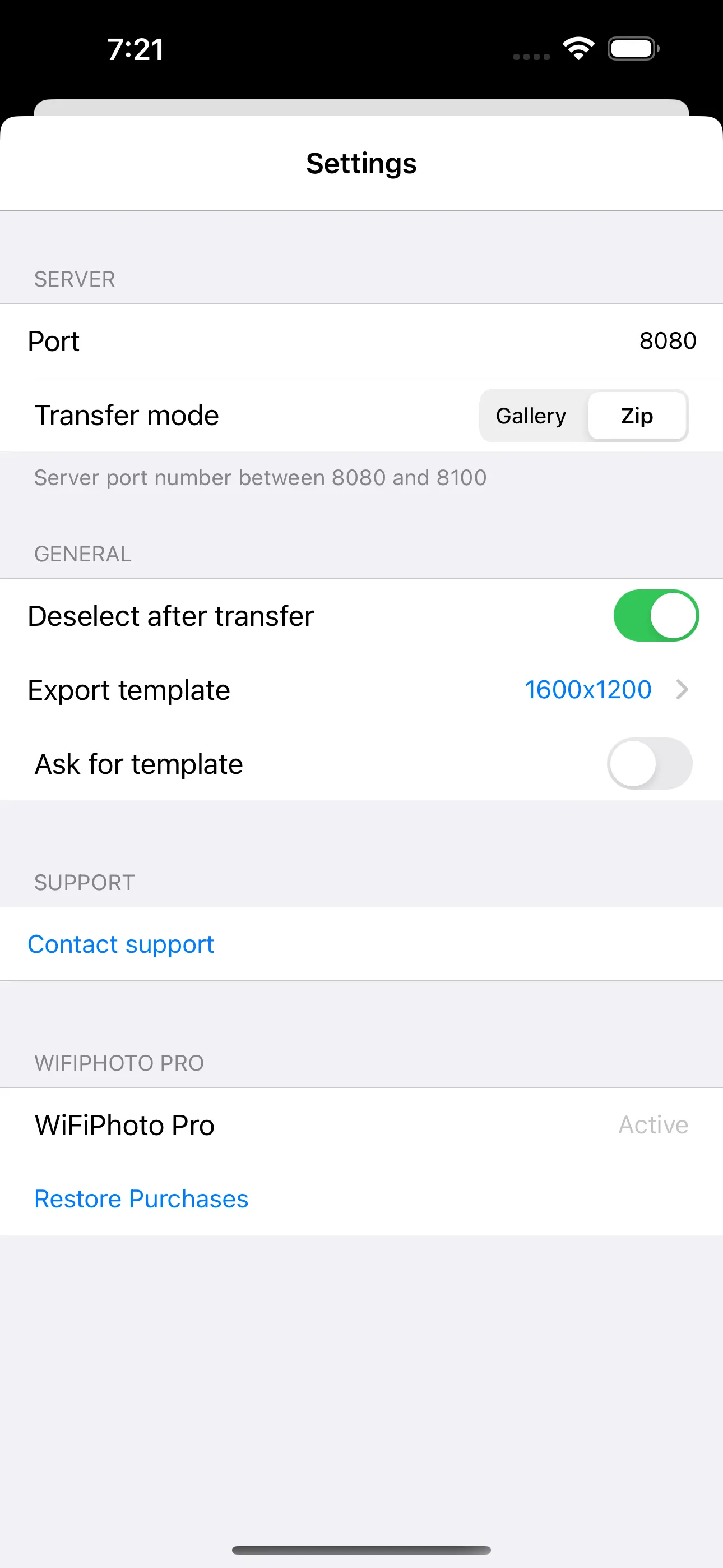 WiFiPhoto — Settings